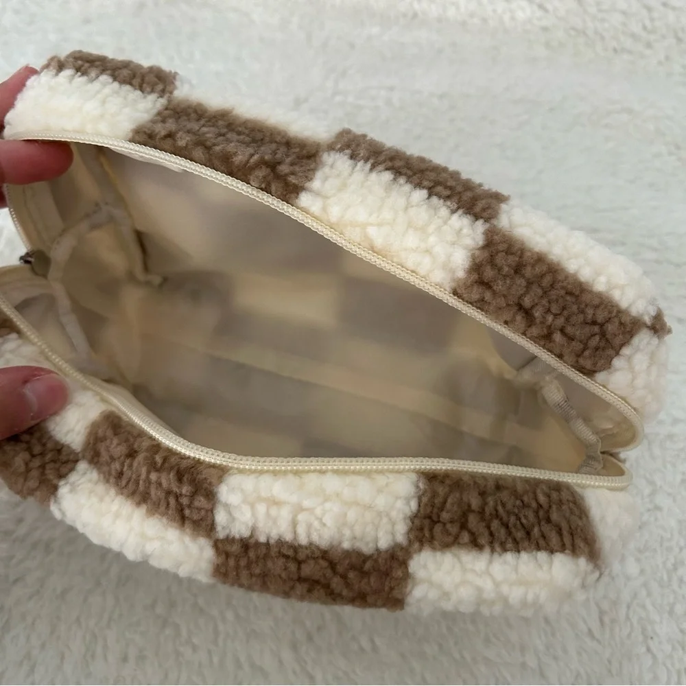 Ulta Sherpa Checkered Cosmetic Bag Brown NEW
